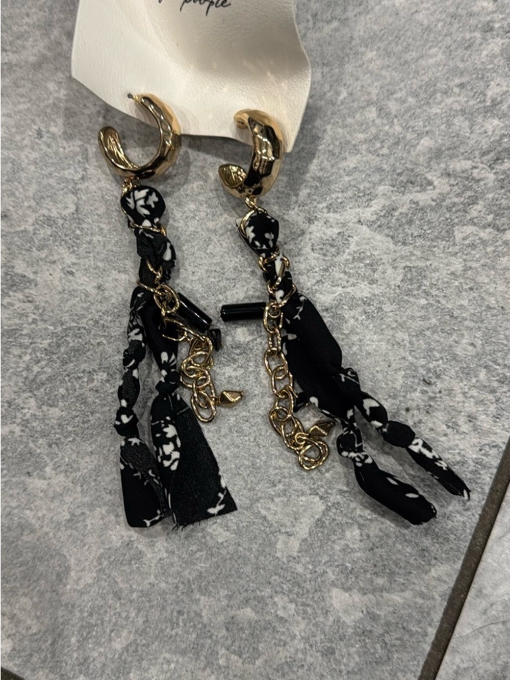 Free People Gold Hoop Dangle Earrings with Black & White Fabric Tassels